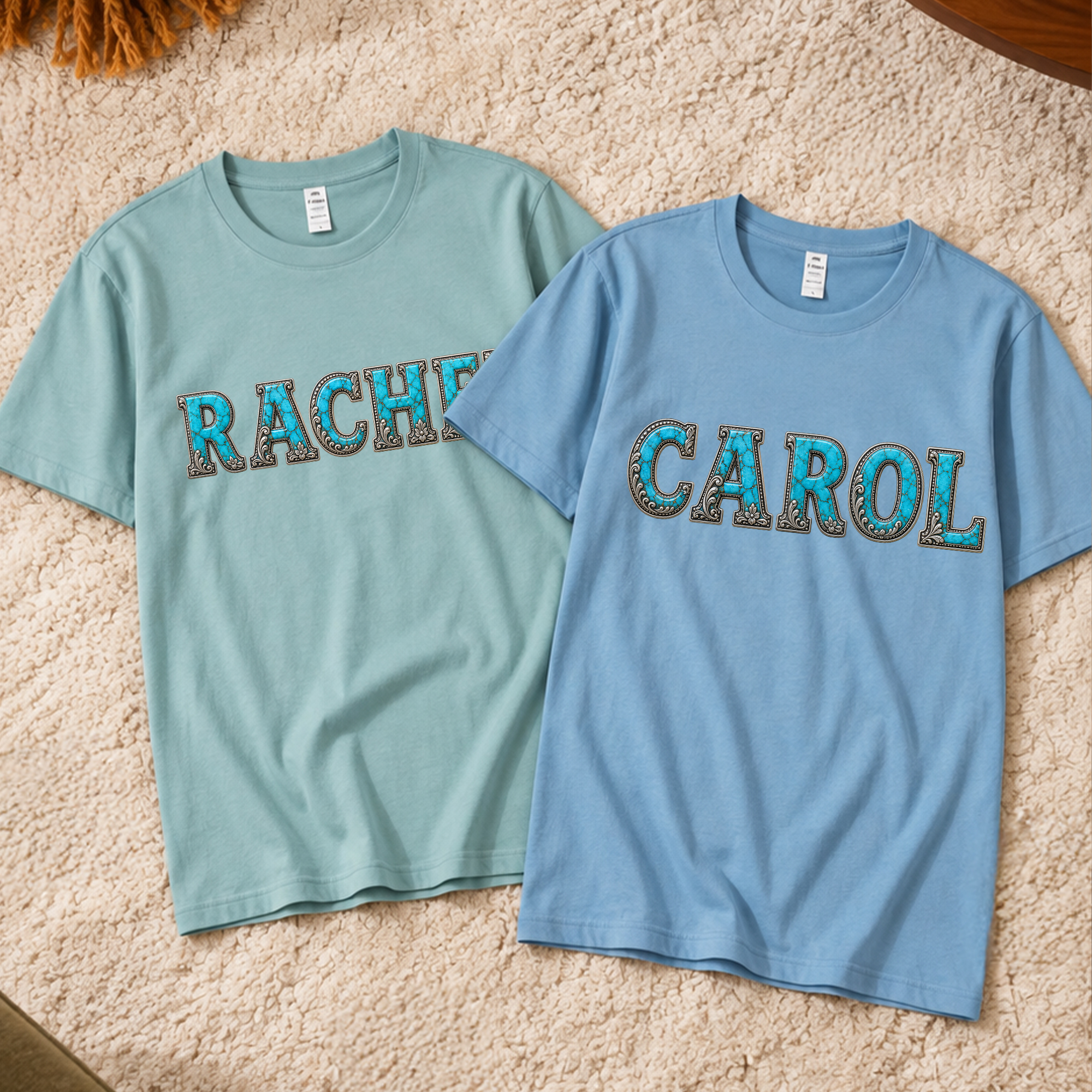 Personalisiertes T-Shirt mit türkisfarbenem Silber-Alphabet und Schnörkel-Motiv, kurzes Oberteil, Alltagskleidung, Geburtstags- und Weihnachtsgeschenk für Frauen und Männer