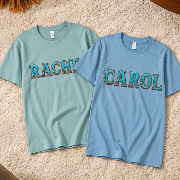Personalised Turquoise Silver Scrollwork Alphabet Name Crop Top T-shirt Daily Wear Birthday Christmas Gift for Woman Man