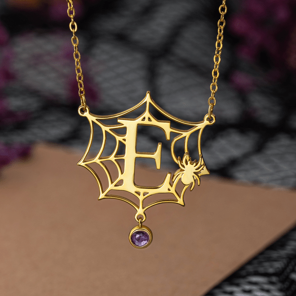 Personalized Spooky Spider Web Birthstone Necklace with Name Exquisite Jewelry Halloween Anniversary Gift for Her
