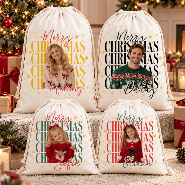 Personalised Photo Merry Christmas Reusable Canvas Drawstring Gift Bag with Name Christmas Gift for Kids Family