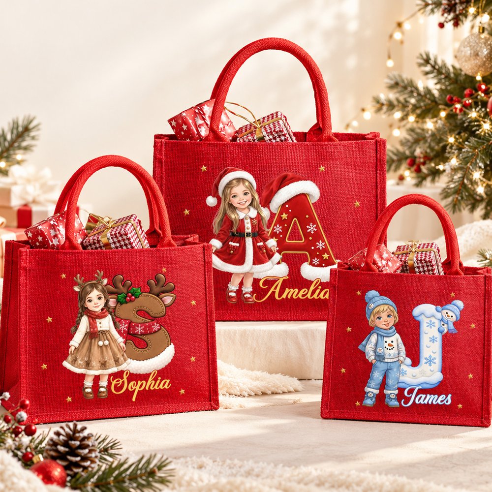 Personalized Cartoon Christmas Style 3D Character Photo Burlap Tote Bags with Name Christmas Eve Gift for Kids Girls Boys 5
