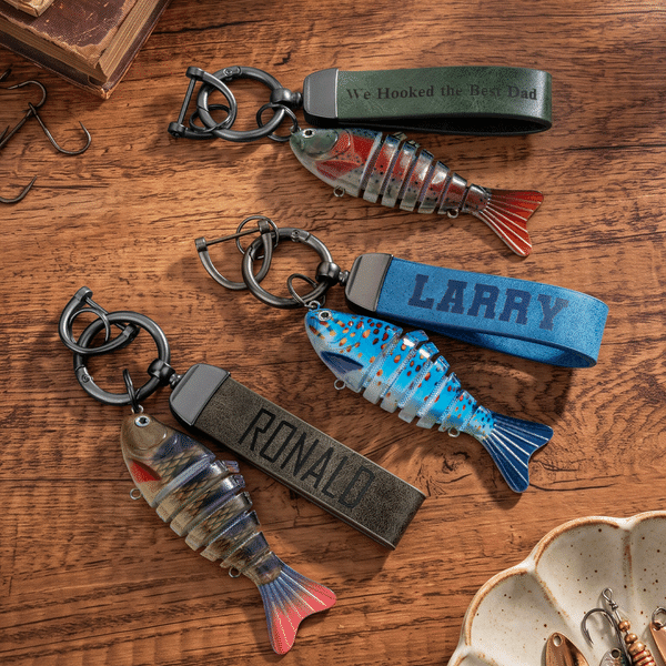 Personalised Fishing Lure PU Leather Keychain with Engraved Text Daily Use Birthday Retirement Office Gift for Father Fishing Enthusiast