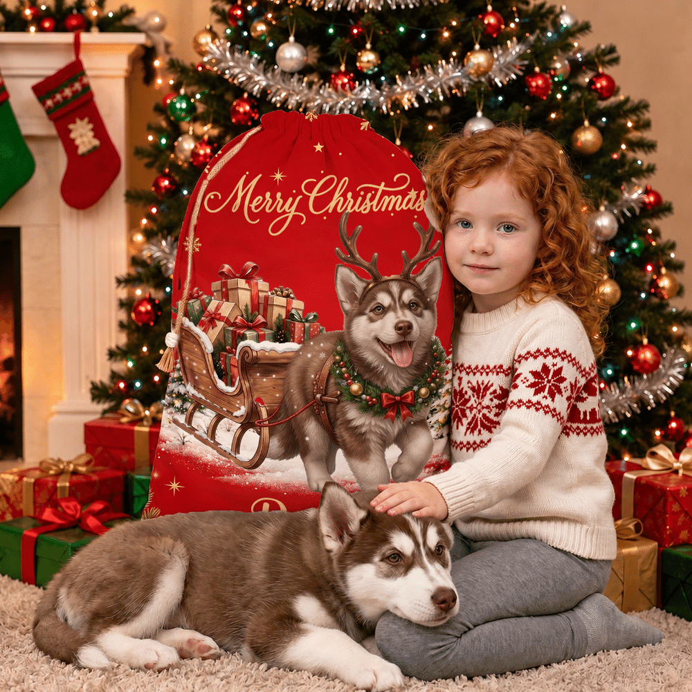 Borsa regalo personalizzata in tela con foto natalizia del proprio animale domestico su una slitta trainata da renne e cordoncino, con nome: regalo di Natale per bambini, proprietari di animali domestici e amanti degli animali 6