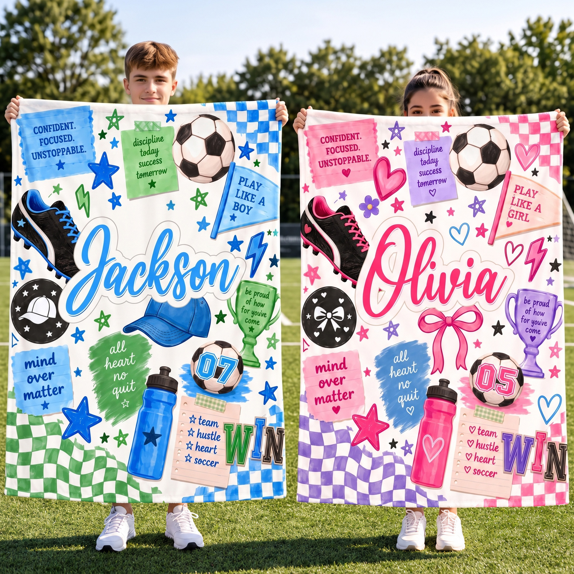 Individuell gestaltete, weiche Decke mit Fußballmotiv, Namen und Nummer – als Geschenk für Spieltage, Geburtstage und Weihnachten für Fußballspieler und -spielerinnen