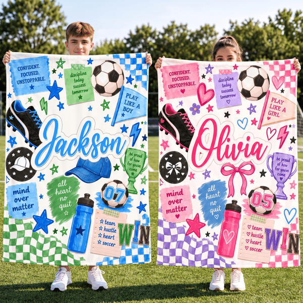 Personalised Soccer Sport Theme Soft Throw Blanket with Name and Number Game Day Birthday Christmas Gift for Soccer Player Boy Girl