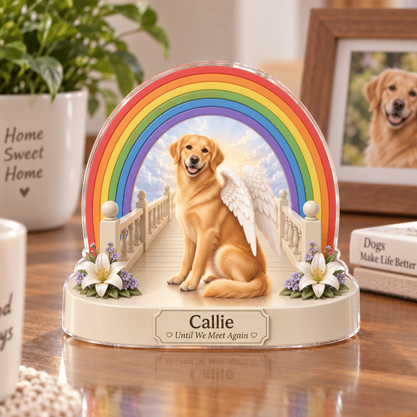 Personalised 3D-Effect Artwork Rainbow Pet Photo Angel Wing Acrylic Plaque with Name and Text Sympathy Memorial Bereavement Gift for Pet Owners