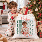 Personalised Photo Merry Christmas Reusable Canvas Drawstring Gift Bag with Name Christmas Gift for Kids Family