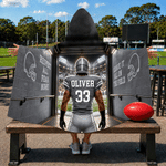 Personalised American Football Player Back View Soft Hooded Blanket with Name and Number Home Decor Game Day Birthday Gift for American Football Player Lover