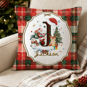 Personalised Santa Claus Plaid Initial Soft Cushion Cover with Name Home Decor Christmas Gift for Family Friends
