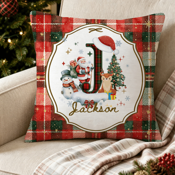 Personalized Santa Claus Plaid Initial Soft Throw Pillow Cover with Name Home Decor Christmas Gift for Family Friends