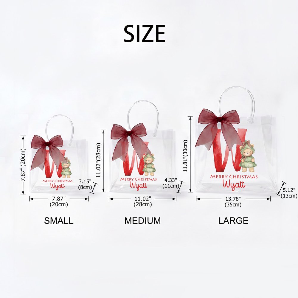 Bolsa de regalo transparente personalizada con un osito de peluche con la inicial del nombre y un lazo; regalo de Navidad o de cumpleaños para niños 7
