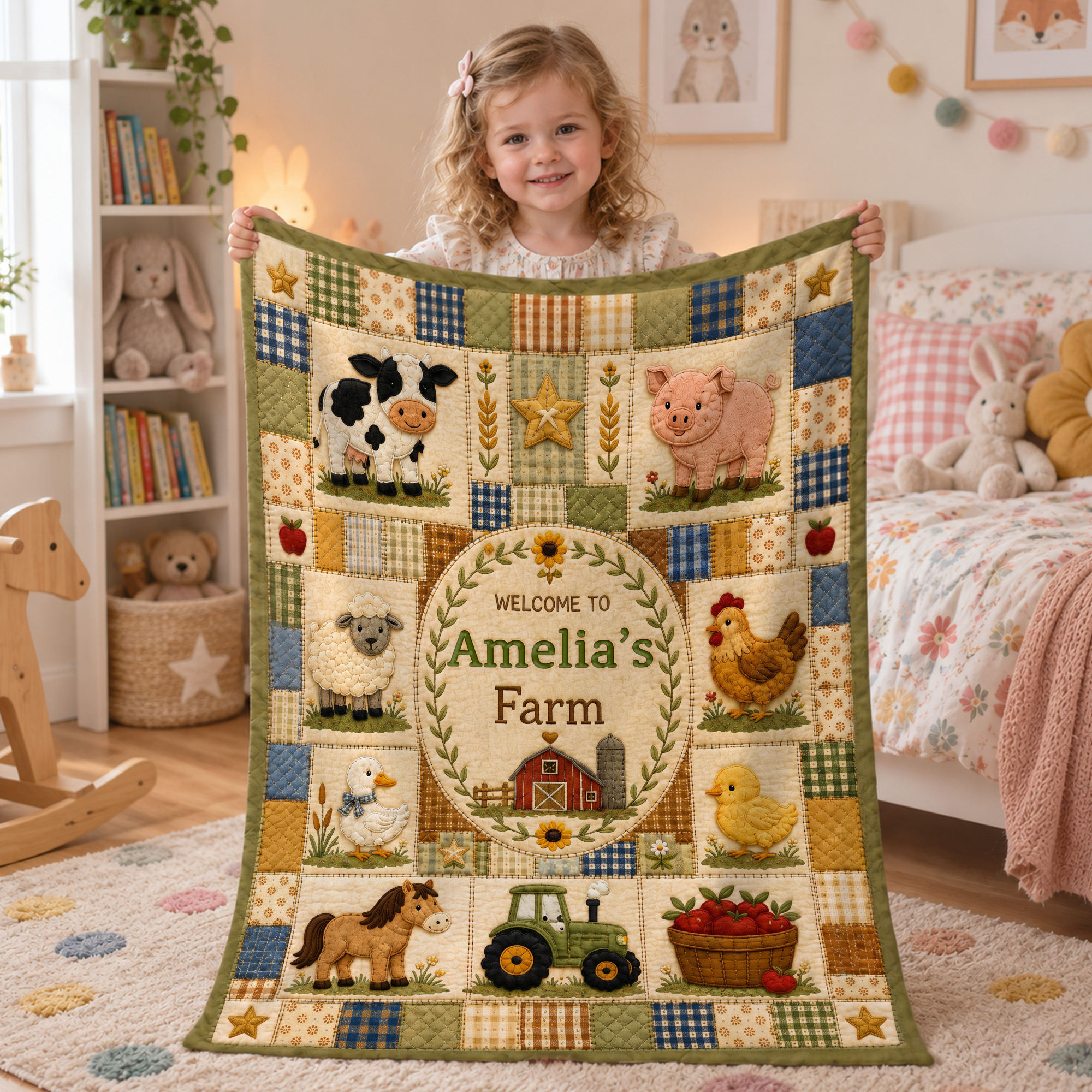 Personalized Farm Theme Cartoon Animals Soft Throw Blanket with Names Home Decor Christmas Baby Shower Birthday Gift for Newborn Parent