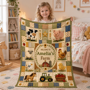 Personalized Farm Theme Cartoon Animals Soft Throw Blanket with Names Home Decor Christmas Baby Shower Birthday Gift for Newborn Parent