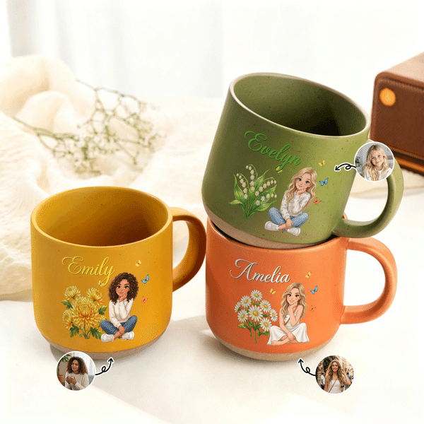 Personalised Cartoon Character Photo Birth Flower 12 oz Ceramic Coffee Mug with Name Birthday Wedding Party Gift for Woman Sister Bride