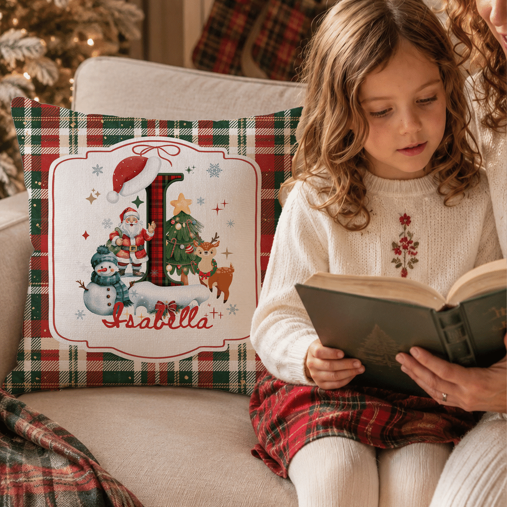 Personalized Santa Claus Plaid Initial Soft Throw Pillow Cover with Name Home Decor Christmas Gift for Family Friends 4