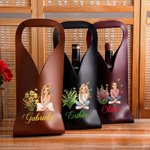 Sac de protection pour bouteille de vin en cuir PU personnalisé, orné d'un personnage de dessin animé et d'une fleur symbolisant le mois de naissance, avec prénom : cadeau d'anniversaire ou de mariage pour les amateurs de vin