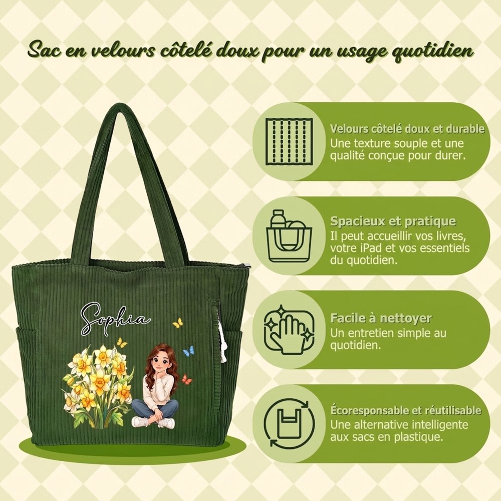 Sac en velours côtelé personnalisé avec photo nom et fleur de naissance - Photo transformée en dessin animé - Cadeau anniversaire pour les femmes 10