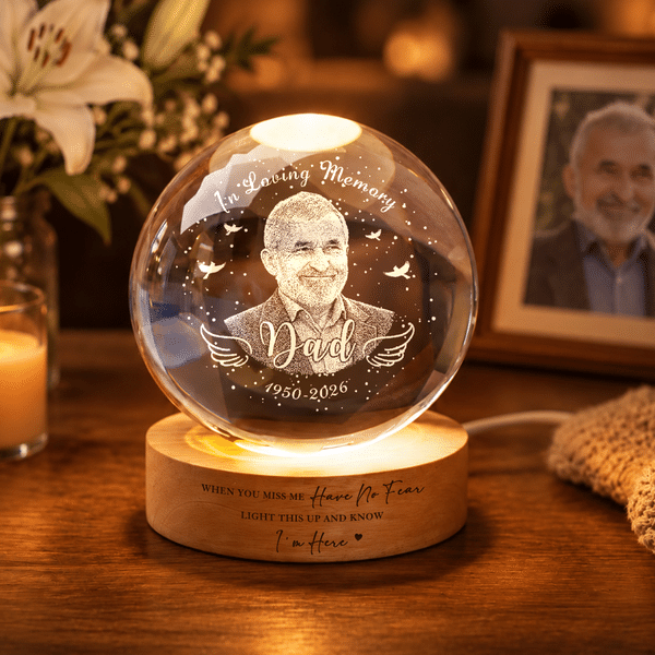 Personalised Angel Wing Photo Crystal Ball LED Night Light with Name Text and Wooden Base Daily Use Memorial SympathyGift for Family Mum Dad