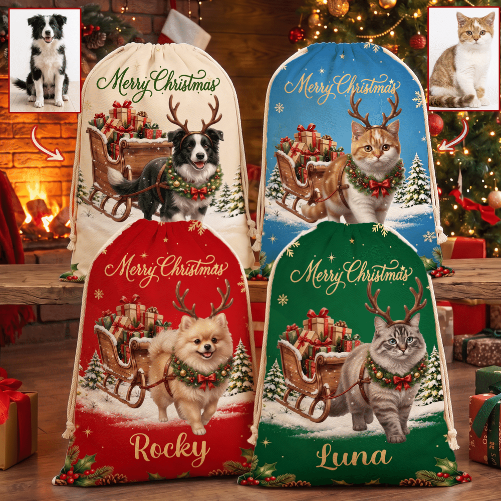 Borsa regalo personalizzata in tela con foto natalizia del proprio animale domestico su una slitta trainata da renne e cordoncino, con nome: regalo di Natale per bambini, proprietari di animali domestici e amanti degli animali 2