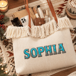 Personalised Western Turquoise Stone Texture Name Tassel Canvas Tote Bag with PU Leather Handle Birthday Appreciation Christma Gift for Cowgirls Women