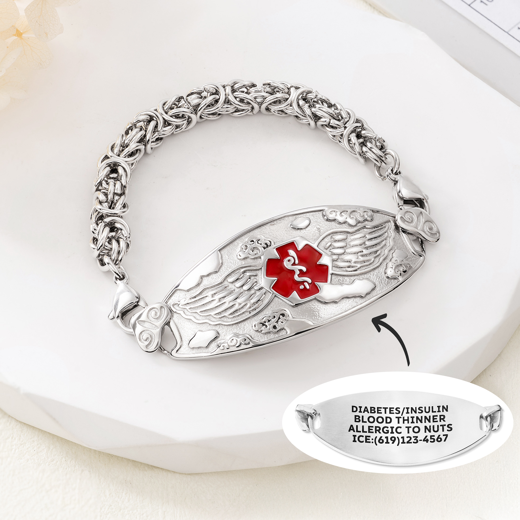 Personalised Angel Wings Medical Alert ID Bracelet with Engraved Medical Information Emergency First Aid Birthday Gift for Diabetic Allergy Epilepsy