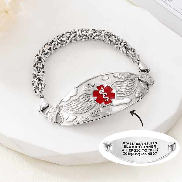 Pulsera de identificación médica personalizada con alas de ángel y información médica grabada; regalo de cumpleaños para situaciones de emergencia y primeros auxilios, ideal para personas con diabetes, alergias o epilepsia