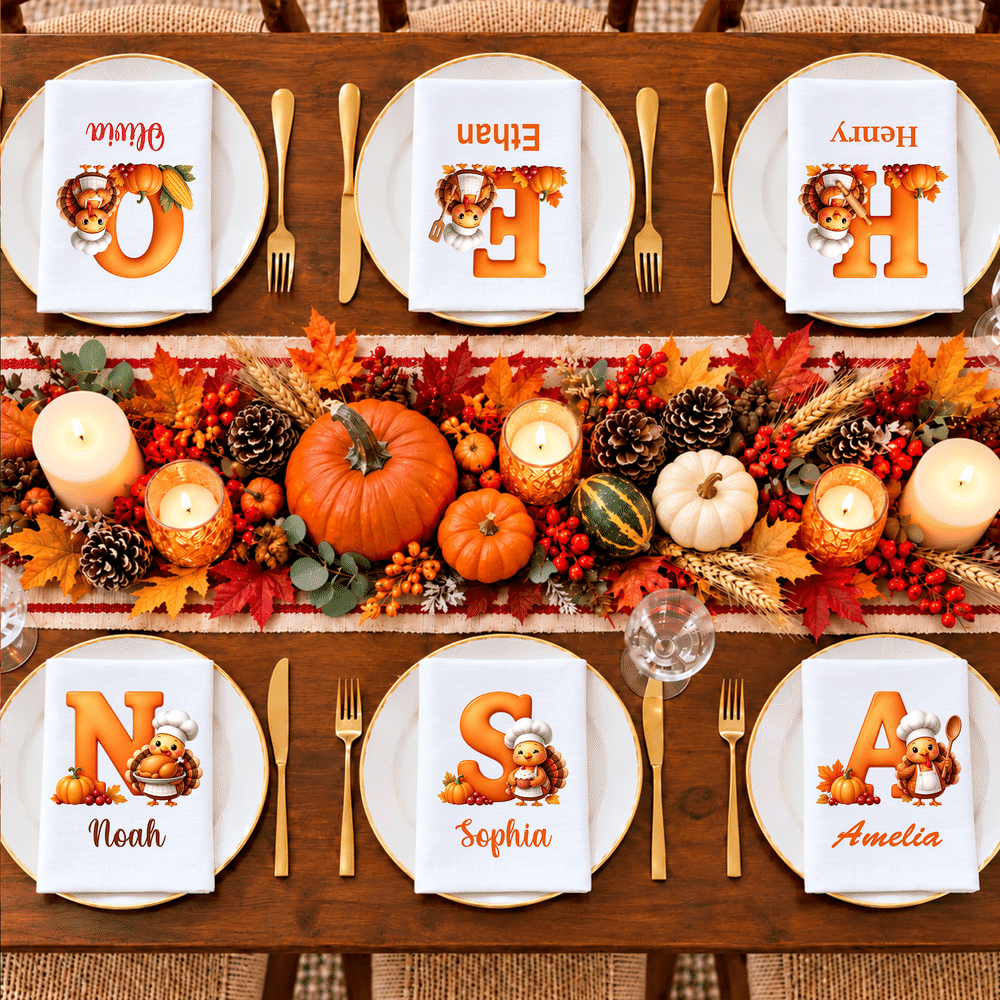 Servilleta personalizada de algodón 100 % con motivos de hojas, calabazas, un chef y un pavo pequeño, con inicial y nombre; regalo para el Día de Acción de Gracias o un cumpleaños, ideal para familiares y amigos 5