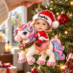 Décoration de Noël personnalisée en acrylique avec effet 3D : licorne et renne fantastiques, avec le prénom et la photo du visage de l'enfant – Décoration de sapin, cadeau de Noël pour les enfants et leurs amis 1
