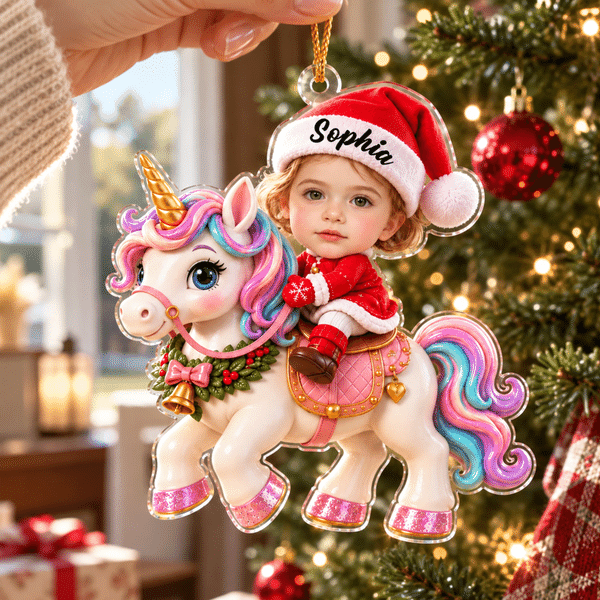 Décoration de Noël personnalisée en acrylique avec effet 3D : licorne et renne fantastiques, avec le prénom et la photo du visage de l'enfant – Décoration de sapin, cadeau de Noël pour les enfants et leurs amis