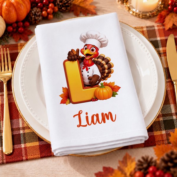 Personalized Pumpkin Leaf Chef Turkey Initial 100% Cotton Napkin with Name Thanksgiving Day Birthday Gift for Family Friends