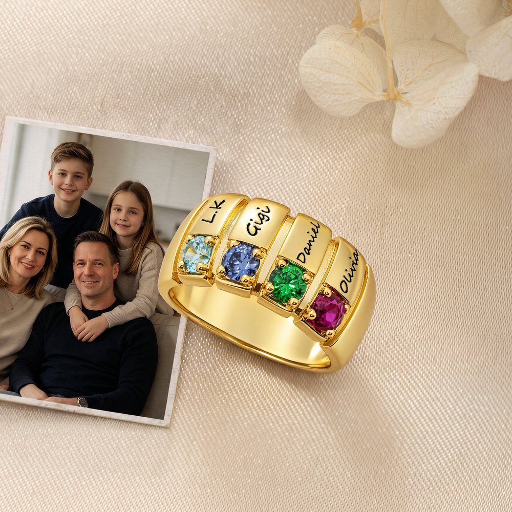 Personalised 1-6 Family Birthstones Sterling Silver Ring with Engraved Names Dainty Jewellery Birthday Christmas Gift for Family 3