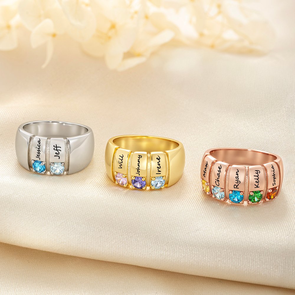 Personalised 1-6 Family Birthstones Sterling Silver Ring with Engraved Names Dainty Jewellery Birthday Christmas Gift for Family 2