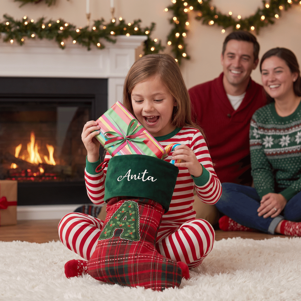 Calcetín navideño personalizado con estilo navideño, con iniciales, a cuadros rojos y verdes, con nombre; decoración para el hogar; regalo de Navidad para niños, familiares y amigos 3