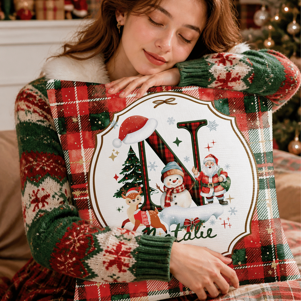 Personalized Santa Claus Plaid Initial Soft Throw Pillow Cover with Name Home Decor Christmas Gift for Family Friends 5