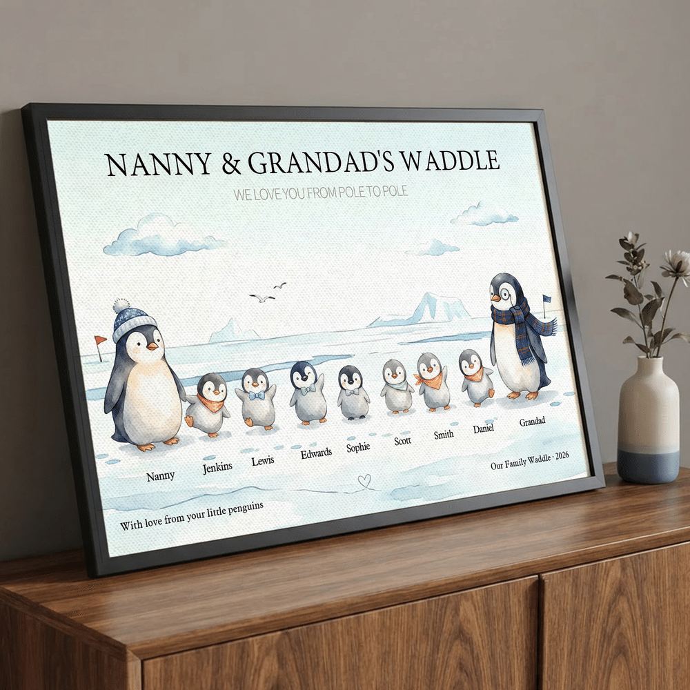 Personalised 1-10 Small Penguins Family Canvas Poster Framed Frameless Painting with Title and Year Home Decor Christmas Birthday Gift for Family 6