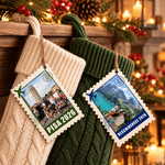 Décoration de Noël en bois personnalisée avec photo de voyage et tampon, ornement en forme d'arbre avec inscription – Cadeau d'anniversaire de mariage pour la famille ou les amis