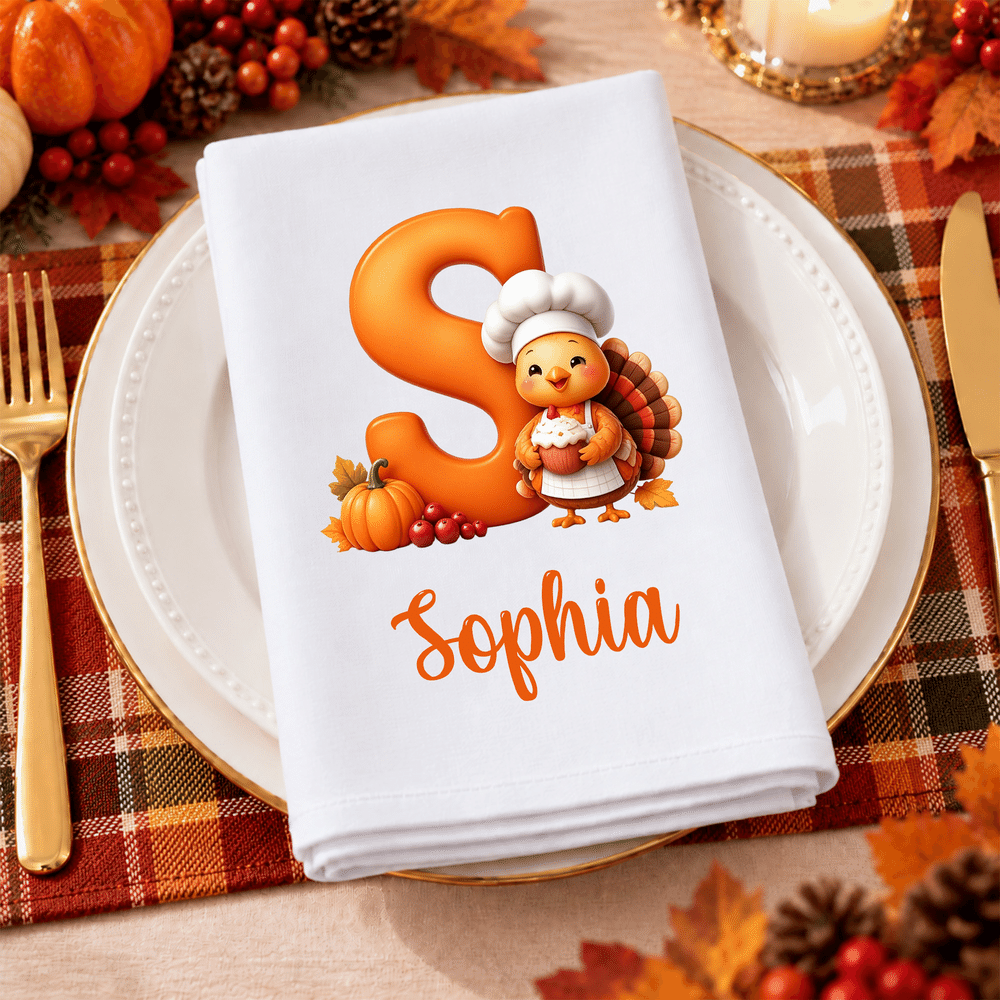 Servilleta personalizada de algodón 100 % con motivos de hojas, calabazas, un chef y un pavo pequeño, con inicial y nombre; regalo para el Día de Acción de Gracias o un cumpleaños, ideal para familiares y amigos 1