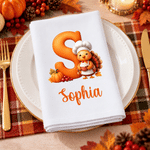 Servilleta personalizada de algodón 100 % con motivos de hojas, calabazas, un chef y un pavo pequeño, con inicial y nombre; regalo para el Día de Acción de Gracias o un cumpleaños, ideal para familiares y amigos 1