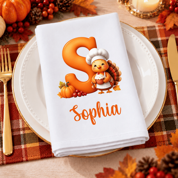 Servilleta personalizada de algodón 100 % con motivos de hojas, calabazas, un chef y un pavo pequeño, con inicial y nombre; regalo para el Día de Acción de Gracias o un cumpleaños, ideal para familiares y amigos