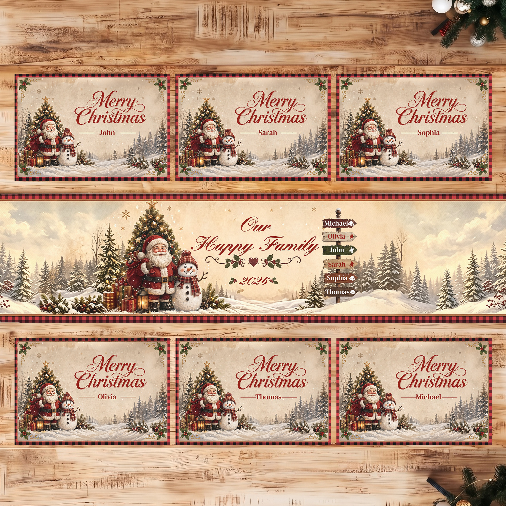 Personalized Merry Christmas Santa Snowman Bell Table Runner Placemats Set with Name Dining Table Decor Christmas Holiday Gift for Family Friends