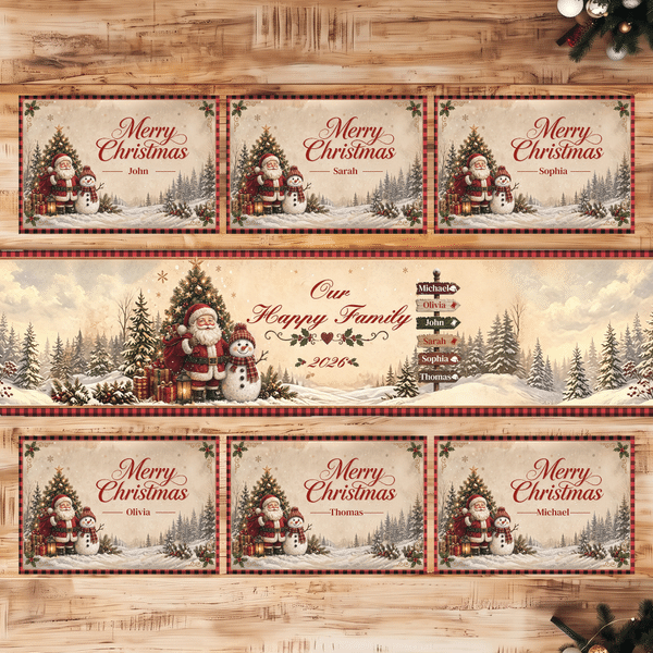 Personalized Merry Christmas Santa Snowman Bell Table Runner Placemats Set with Name Dining Table Decor Christmas Holiday Gift for  Family Friends