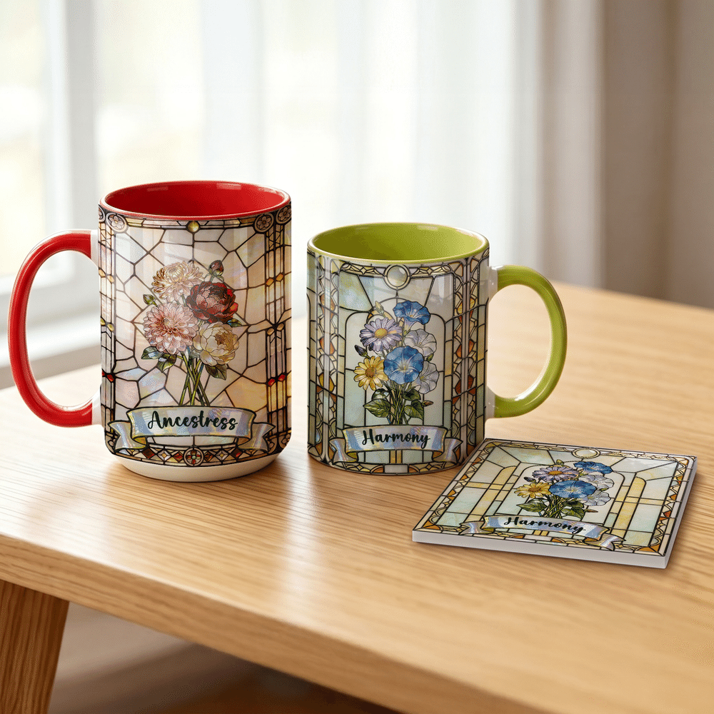 Personalised Stained Glass Birth Month Flower Mug with Coaster with Name Birthdays, Anniversaries Mother's Day Gift for Her 2