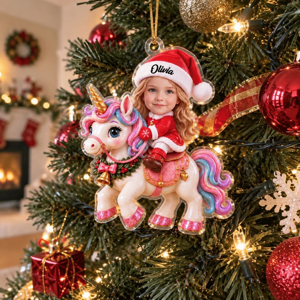 Décoration de Noël personnalisée en acrylique avec effet 3D : licorne et renne fantastiques, avec le prénom et la photo du visage de l'enfant – Décoration de sapin, cadeau de Noël pour les enfants et leurs amis 2