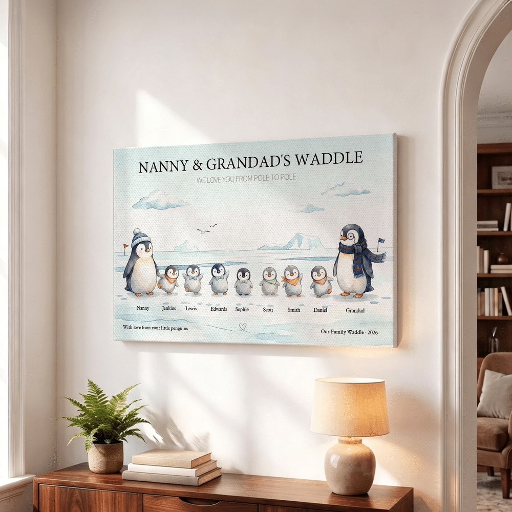 Personalised 1-10 Small Penguins Family Canvas Poster Framed Frameless Painting with Title and Year Home Decor Christmas Birthday Gift for Family 3