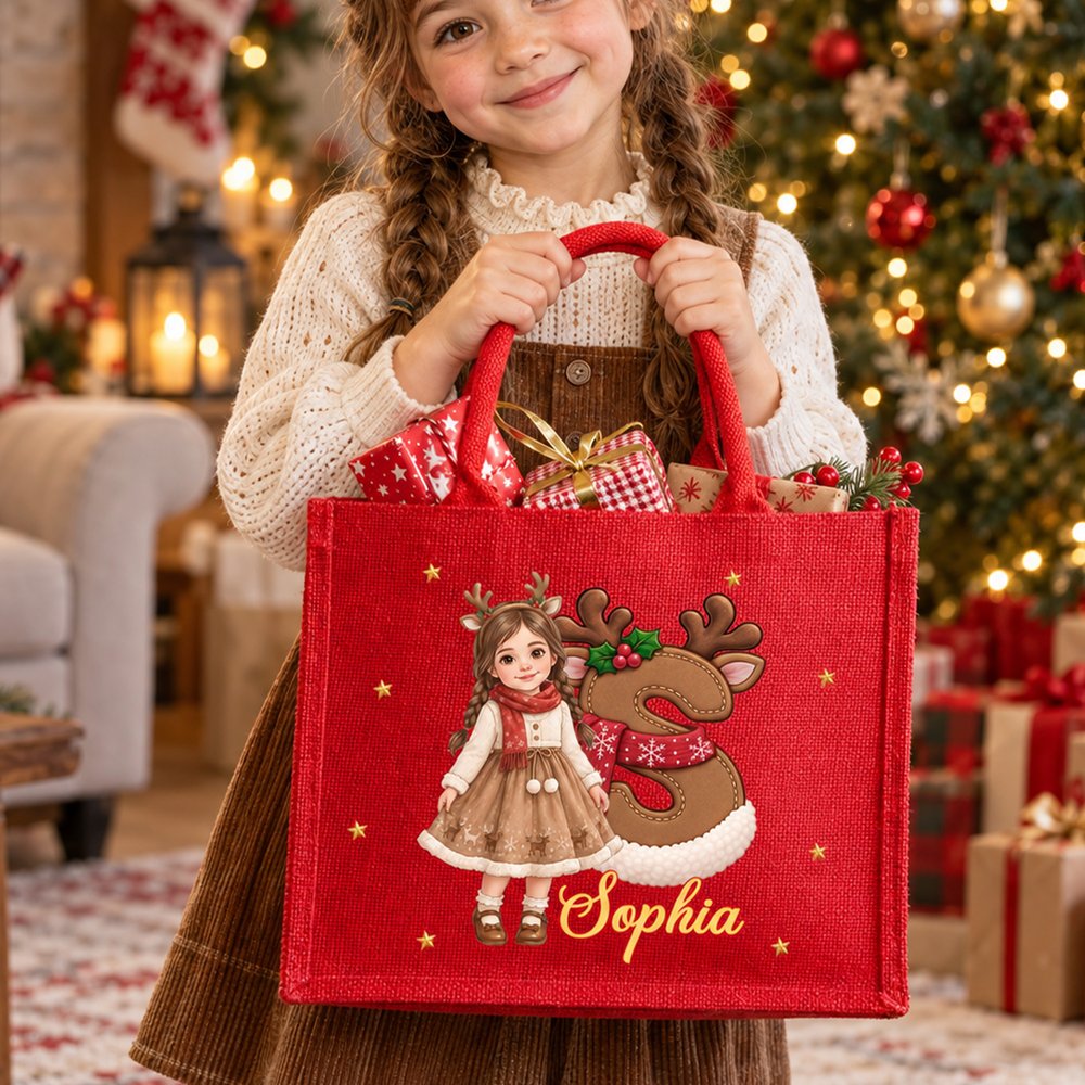 Personalized Cartoon Christmas Style 3D Character Photo Burlap Tote Bags with Name Christmas Eve Gift for Kids Girls Boys 3