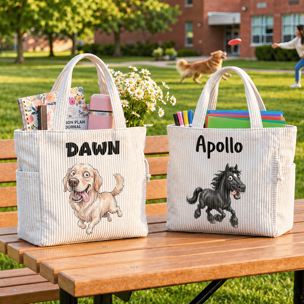Personalised Funny Pet Photo Corduroy Tote Bag with Name Daily Use Pet Party Birthday Gift for Pet Owners Lovers 6