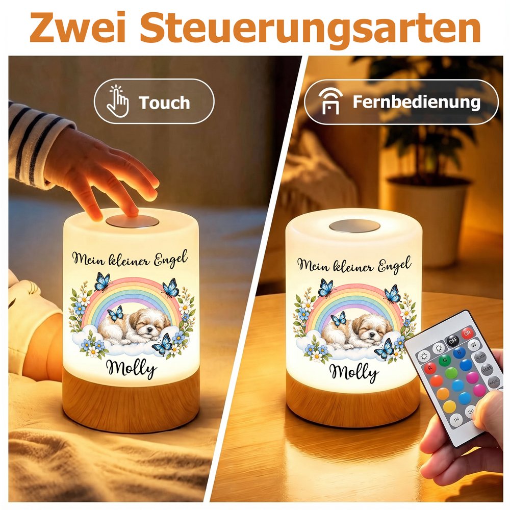 Personalisiertes Nachtlicht mit Haustierengel, Trauerspruch & Namen | Kabellos & Dimmbar | Regenbogenbrücke | Trauergeschenk für Herrchen & Frauchen 8