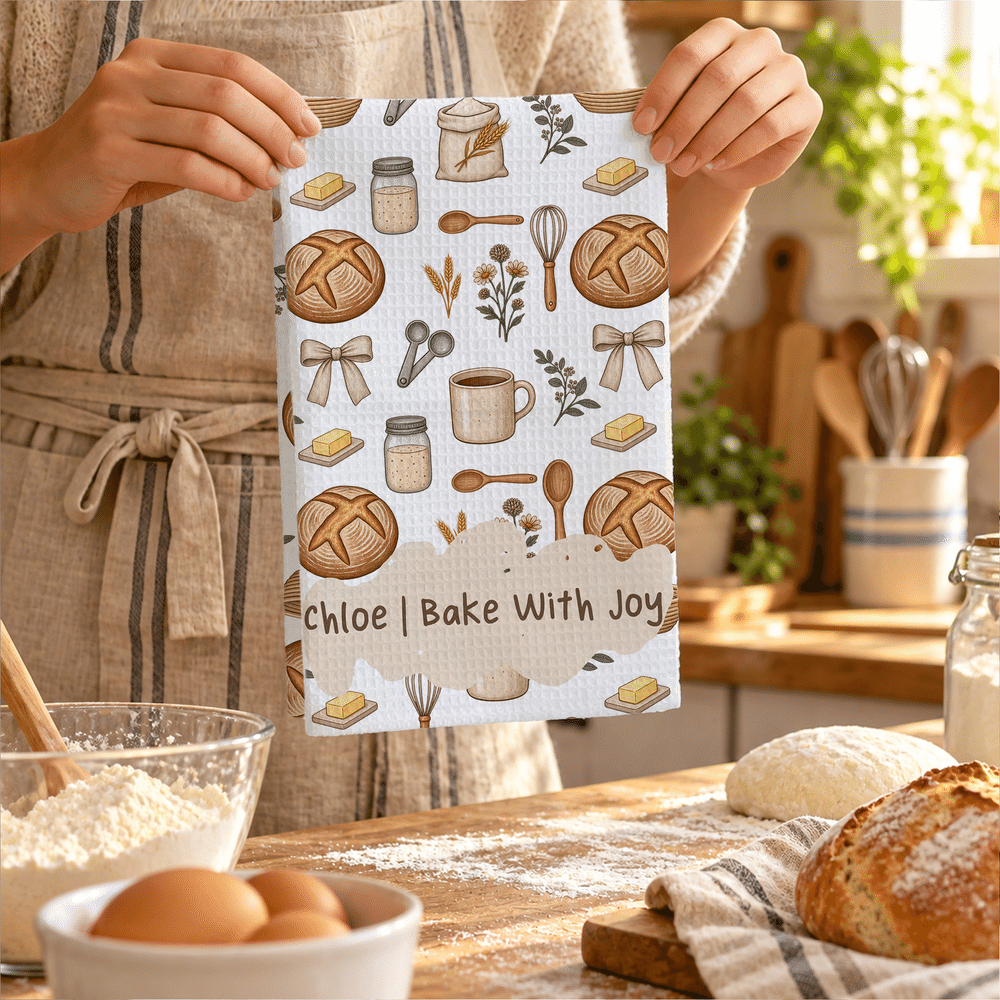Torchon de cuisine personnalisé vintage sur le thème de la pâtisserie, du pain et des gaufres, avec inscription – Cadeau de pendaison de crémaillère ou d'anniversaire pour les passionnés de pâtisserie 3