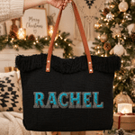 Personalised Western Turquoise Stone Texture Name Tassel Canvas Tote Bag with PU Leather Handle Birthday Appreciation Christma Gift for Cowgirls Women