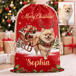 Borsa regalo personalizzata in tela con foto natalizia del proprio animale domestico su una slitta trainata da renne e cordoncino, con nome: regalo di Natale per bambini, proprietari di animali domestici e amanti degli animali 1